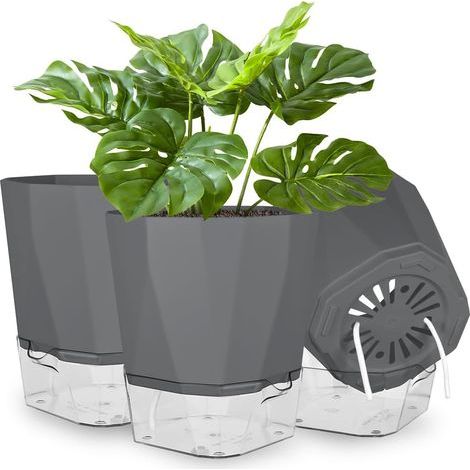 3PCS Pots de Fleurs en Plastique, Pot de Fleurs Auto-Arrosants, Ø16.5 x H 18CM, Pot De Fleur Interieur avec Trous De Drainage et Base Amovible, pour Plantes d'Intérieur et d'Extérieur(Gris) (1/5)