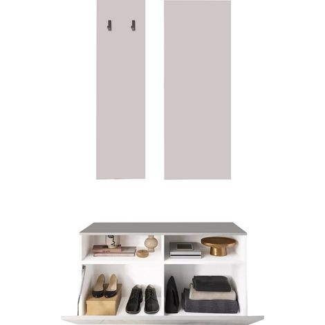 Mueble de Entrada Rizzuto, Espejo Incluido, Perchero, 4 Pares, 91x36x165h cm Blanco Brillante