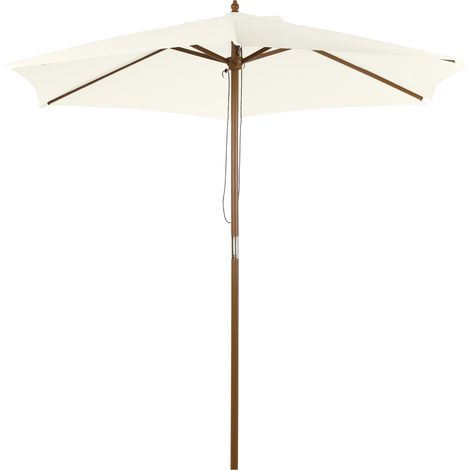 Weißer Holzschirm, Durchmesser 250x230cm, 6 Streben, Flaschenzugsystem – Elegant und praktisch.