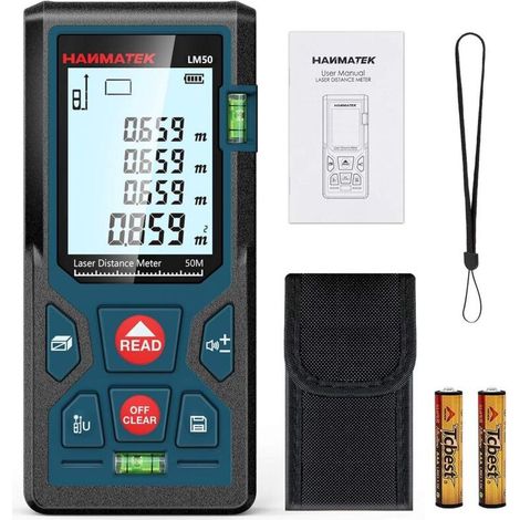 Telémetro láser digital LM50 de 50 m, medición de longitud/área/volumen/teorema de Pitágoras con retroiluminación LCD, IP54 (1/5)