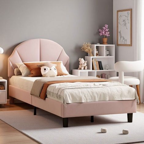 Lit enfant 90x200 cm velours rose - cadre scandinave avec tête de lit réglable (1/5)