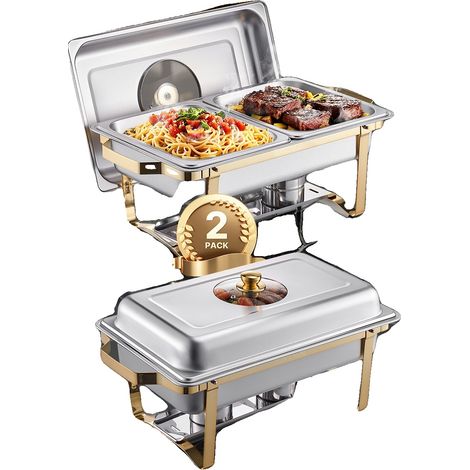 Scaldavivande VEVOR, 4 Qt, acciaio inox, 4 mezze piastre, scaldavivande rettangolare, coperchio in vetro, vaschetta per l'acqua, supporto pieghevole, 2 pezzi (1/2)