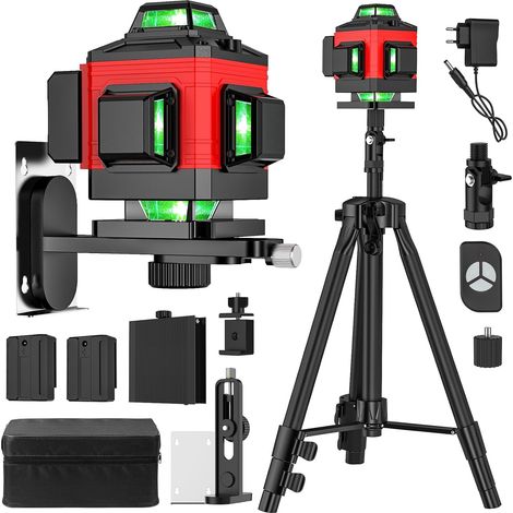 Niveau Laser 360 Autonivelant, Lazer Niveaux Vert 4 x 360°, Niveau laser 4D 16 lignes Auto-nivelant, Laser Chantier, IP54 Waterproof, avec 2 2600 mAh Batteries et Télécommande (B+avec Trépied) (1/5)