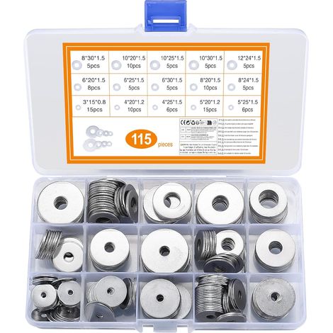 115 Pièces Rondelles Plates Larges, Rondelles en Acier Inoxydable, Rondelle étanchéité Ronde Fixation Meuble pour Vis Boulons, Ensembles d'Outils à Main, M3/M4/M5/M6/M8/M10/M12 (115Argent) (1/5)