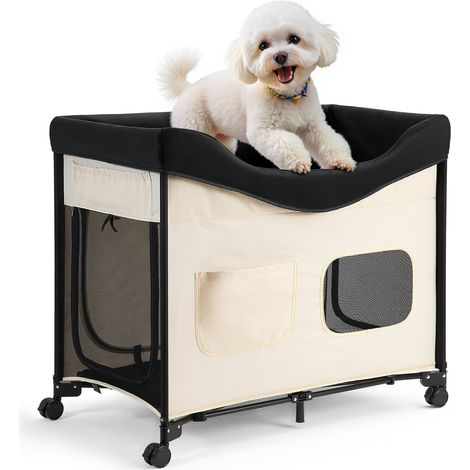 Lit Surélevé pour Chiens Chats, Lit de Camp pour Animaux de Compagnie Pliable, Panier Chiens en Tissu Oxford 600D et Velours Hollandais, avec Roues et Pochettes Latérales, Taille XL, Beige (1/5)