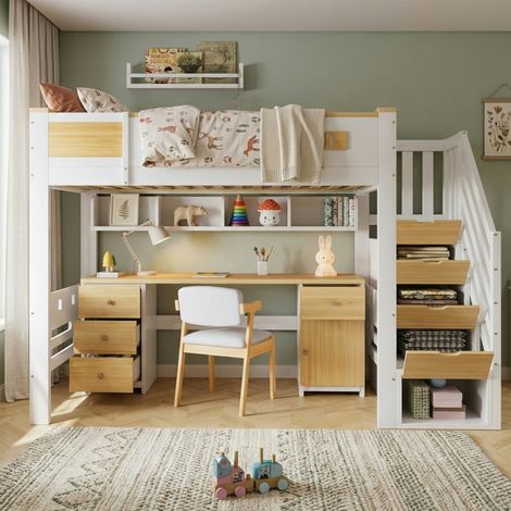Letto a soppalco 90/200 cm in bianco e legno naturale con scrivania, cassetti e scala contenitore (1/5)