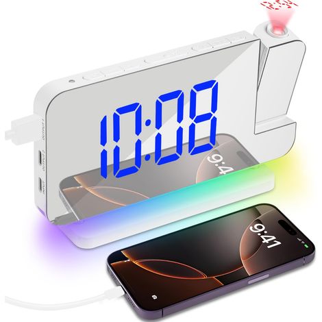 Réveil à Projection, Horloge Numérique LED Projection,Charge USB Reveil Projecteur Plafond avec Rotation à 180°,11 RVB Couleurs LED Affichage &10 Couleurs Veilleuse pour Chambre,Bureau (Blanc) (1/5)