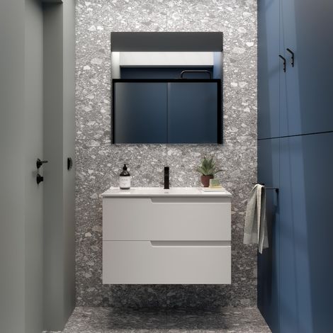 Badezimmermöbel VIMA 800 WHITE SATIN + Waschtisch + Spiegel