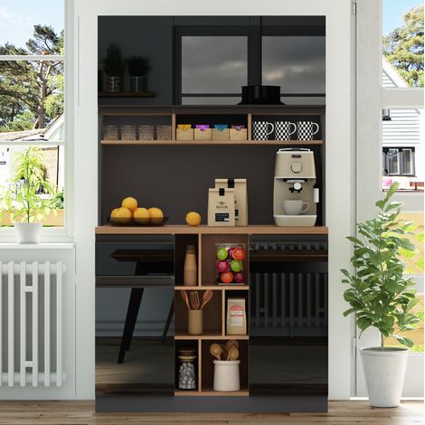 Armario de cocina alto (105x45x185 cm), con cajón, estantes regulables, acabado brillo, MDF, negro y natural (1/5)