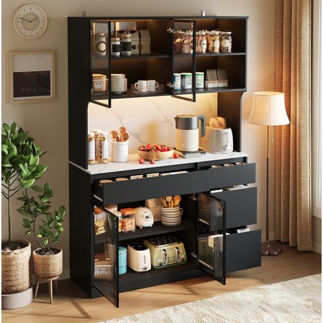 Credenza alta da cucina con illuminazione a LED, 120x40x180 cm, con anta in vetro, cassetti e ripiani, in MDF bianco e nero (1/5)