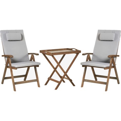 Conjunto de balcón rústico de acacia maciza natural mesa y 2 sillas plegables con cojines gris claro Amantea Premium