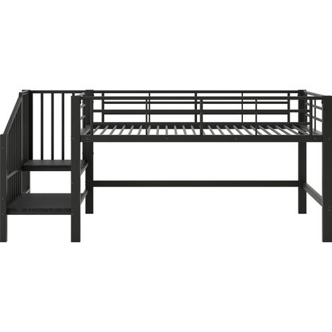 Cama alta semialta 90 x 200 cm con escalera de almacenamiento de metal negro (1/5)