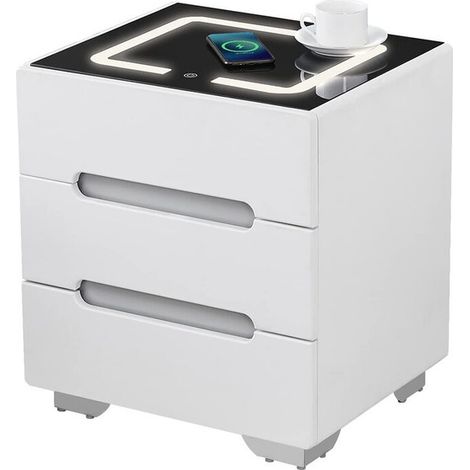 Bedside Table, Smart Night Stand with Wireless Charger, 3 Color Touch Control LED Light, White-2 (1/5)