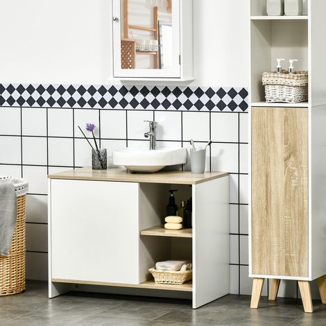 Mobiletto sottolavabo, mobiletto bagno moderno con scomparti e anta, 77x45x60 cm, bianco e naturale