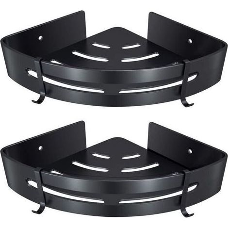 Étagère de Coin de Salle de Bain, Panier de Rangement de Douche en Aluminium Adhésif sans Perçage avec Crochets, Triangle Noir, Lot de 2 (1/4)