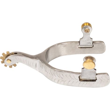 Speroni Western stretti in acciaio inox con lavorazione a spiga e con rotella colore ottone