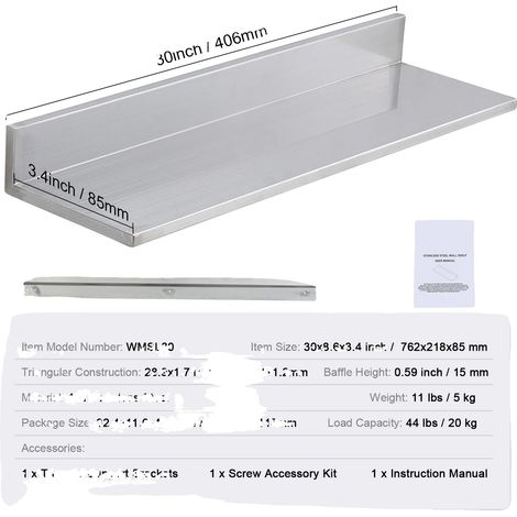 Estante flotante de acero inoxidable, para montaje en pared, 8,6 x 30 pulgadas. (1/2)
