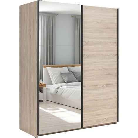 Armoire coulissante avec miroir coloris chêne Sonoma - Longueur 220 x Profondeur 60 x Hauteur 195,5 cm (1/2)