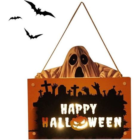 Spurleh Halloween Holz Hängeschild Décoration Lumière, Halloween Kürbis Geist Anhänger Horror Atmosphäre Türlicht Idéal Label (1/4)