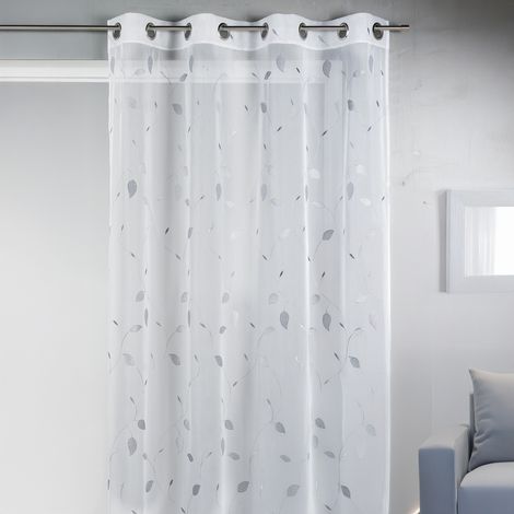 Voilage en étamine brodée aux imprimés "feuilles" Gris clair 140x260 cm