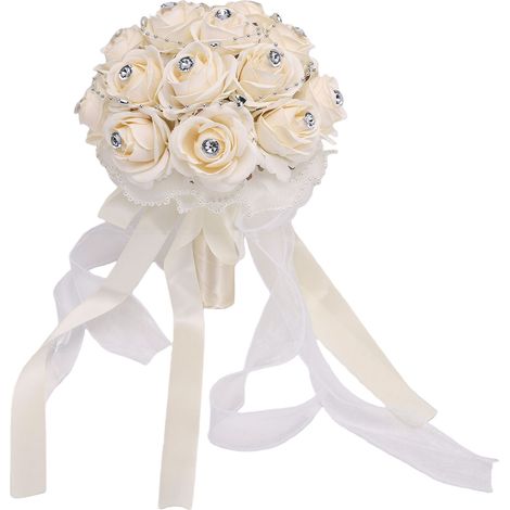 Braut- und Brautjungfernstrauß, künstliche Rosen, Hochzeitsdekoration, künstlicher Brautstrauß mit Strasssteinen verziert, champagnerfarben. (1/5)