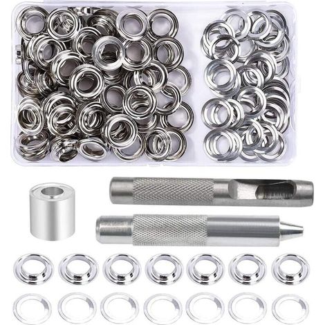 Kit de ojales, 100 juegos de ojales de 10 mm, kit de reparación de lonas, con 3 herramientas para ojales, kit de ojales para lonas, telas, cortinas y manualidades.