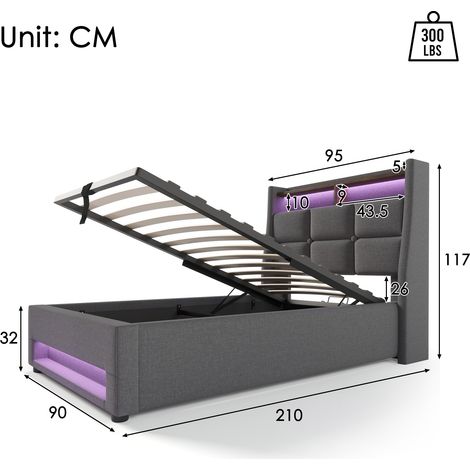 Lit simple LED 90x200 cm avec coussin et port USB, cadre en métal avec sommier à lattes, structure en lin pour adolescent (sans matelas) (1/4)