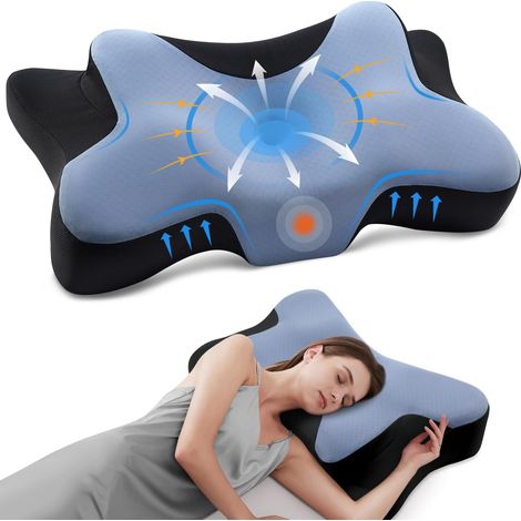 Coussins lombaires Oreiller Cervical Ergonomique Mémoire de Forme, Soutien du Cou, pour Dormir sur Le Côté et Le Dos, 66x37x13 cm, Bleu et Blanc (1/5)