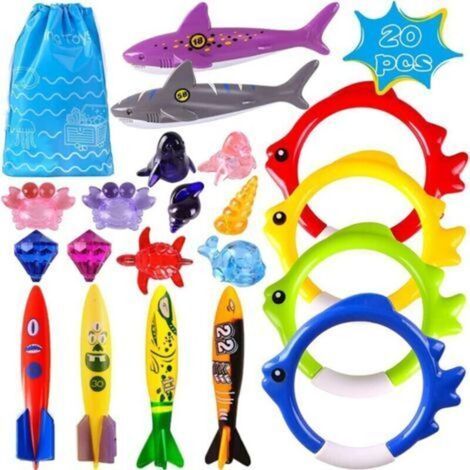 Jouet Piscine 20 Pièces Jouets de Plongée, Jeux Piscine Enfant Jeu Exterieur Enfant Cadeau Garçon Fille 3-12 Ans, Anneaux de Plongée,Torpedo Bandits avec Un Sac, Enfants L'entraînement sous-Ma (1/5)