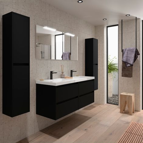 Badezimmermöbel NOJA 1400 4 Schubladen BLACK SATIN + Waschtisch + Spiegel