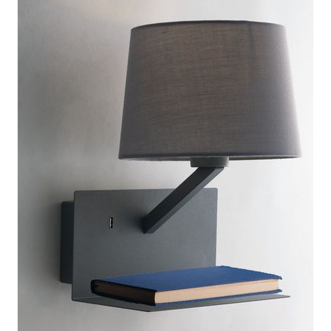 Wandlampe CIAK Grau mit Stoff Lampenschirm, USB Lampe mit Ladefunktion & Ablage (1/4)