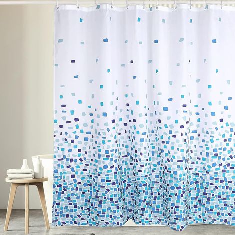 Rideau de douche en polyester imperméable - Motif mosaïque bleu et blanc - 12 crochets en plastique inclus (120 x 200 cm) - Rideau de salle de bain résistant à la moisissure (1/5)