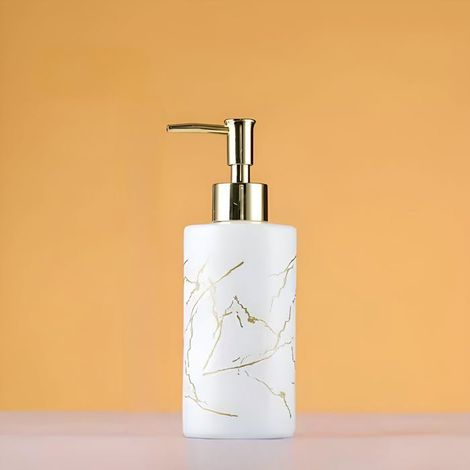 Filiyano-Distributeur de savon avec pompe dorée, flacon blanc en verre de 320 ml, pompe en acier inoxydable et veinage doré. (1/5)