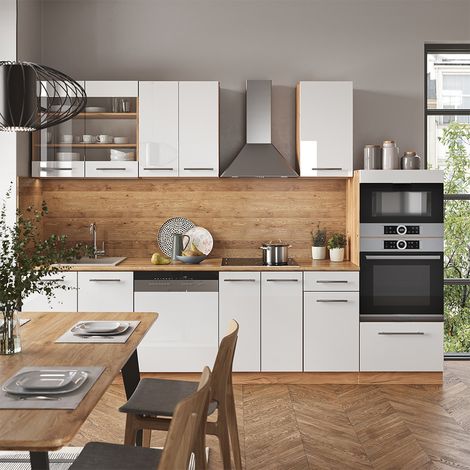 Mueble de cocina Fame-Line, Blanco brillo intenso/roble dorado, 300 cm con armario alto, ET Antracita, Vicco