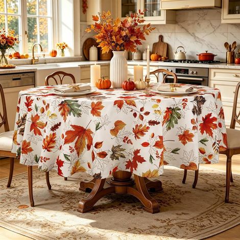Runde Tischdecke mit Ahornblatt-Design, Ø 180 cm, waschbar, Polyester