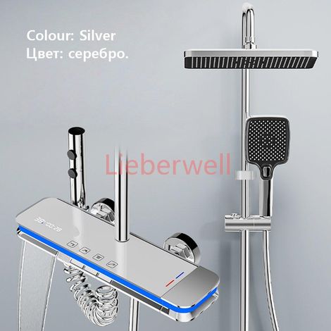 Système de douche cascade gris mat, panneau en verre, mélangeur de pluie, ensemble de douche, affichage numérique Intelligent, robinet de douche pour salle de bains Température de l'eau froide chaude (1/4)