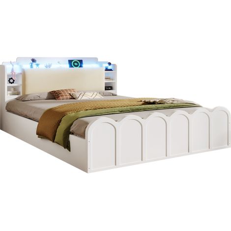 Lit Coffre Lit Double avec USB, Type-C et LED 140 x 200 cm, Tête de Lit Rembourrée, sans Matelas, Blanc (1/5)