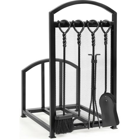 Structure Acier Range-Bûches avec Serviteur 4 Outils Rangement Bois et Entretien du Feu pour Cheminée et Poêle (1/2)
