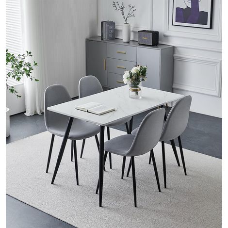 Hallowood Furniture Cullompton Small Dining Table and Chairs Set 4, White Marble Effect Top Kitchen Table and Chairs in Grey Fabric Upholstery and Metal Legs, Dining Room Sets for Home, Office & Café