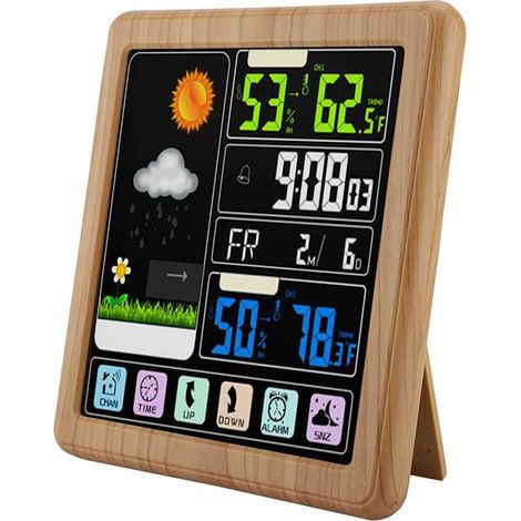 TS-3310 Wireless Weather Station, Indoor/Outdoor Thermometer with Touchscreen, Sensor, LCD Screen, Smart Clock (Wooden) (1/5)
