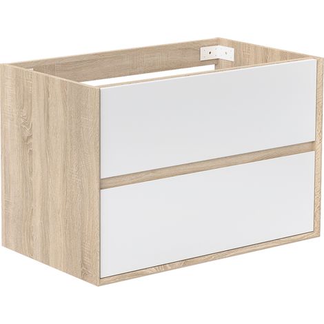 Meuble sous vasque suspendu 80 cm + 2 tiroirs, Blanc et Chêne, sans compter lavabo