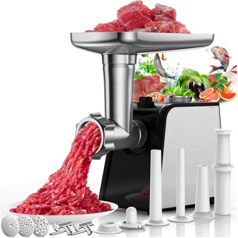 Hachoir à viande électrique avec remplisseur à saucisses, 3 en 1 en acier inoxydable, hachoir à viande électrique et appareil à saucisses avec 3 tubes de remplissage à saucisses, 2 moules à viande, 2 (1/5)