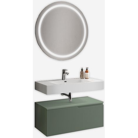 Mobile bagno sospeso con specchio tondo LED e lavabo 3 pezzi Venere - Verde