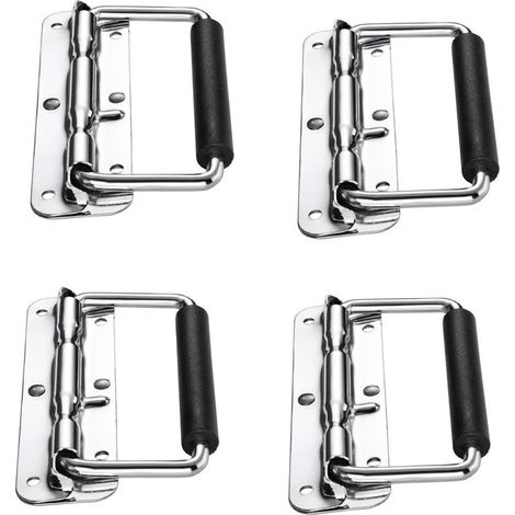 Poignee, 4pcs Poignées de Caisse Pliantes, Poignée Pliante à Ressort, Poignée pour Valise, Flight Case, Mallette à Outils, Mallette de Camping, Boîte à Haut-Parleur, Boîte à Outils (Argent, 120m (1/5)