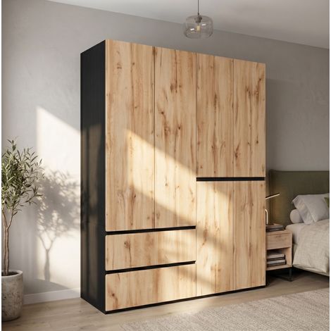 Armario de 6 puertas con 5 cajones y 2 barras para colgar, 180 × 50 × 200 cm, acabado madera clara y blanco con detalles negros para dormitorio – CHICFURN (1/5)