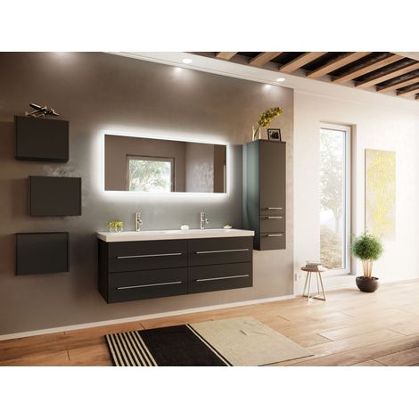 Badmöbelset Persepolis XL 4-teilig LED-Spiegel Seitenschrank 3er Boxen grafit (1/5)