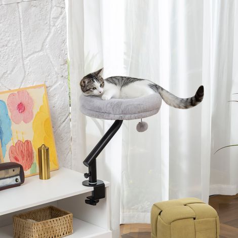 PawHut Katzen-Schreibtischbett, Katzenbett für Schreibtisch mit 360°Drehung, verstellbarer Höhe, Katzenliege mit abnehmbarem, maschinenwaschbarem Bett, für Katzen unter 6 kg, Heimbüro, Grau