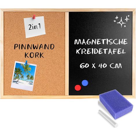 Creative Home 2in1 Kombitafel 60 x 40 cm - Pinnwand Magnettafel Kork und Kreidetafel Magnetisch - Schwarz Tafel mit 5 Stiften und Magneten (1/5)