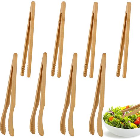 Lot de 8 pinces en bambou, pinces de cuisine 18 cm, petites pinces à barbecue, pinces de cuisine pour toast, thé, barbecue, pique-nique, pince de cuisine avec grille antidérapante (1/5)
