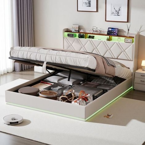 Bett 140x200 cm, Doppelbett 140x200 cm mit Lattenrost und hydraulischem Stauraum, LED-Beleuchtung, Leinenstoff, für 2 Personen, Beige (1/5)